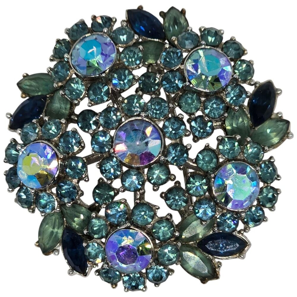 Vintage Trifari Blue Aurora Borealis Rhinestone Floral Brooch Silver Tone‎